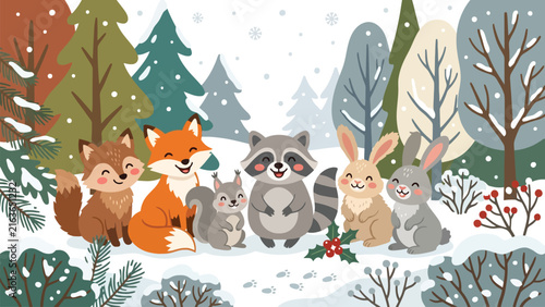 Cute woodland animals gathered together in a snowy winter forest scene.