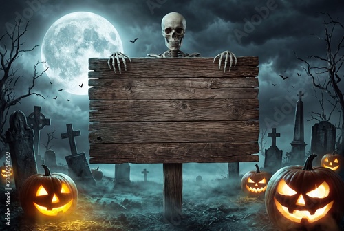 Spooky skeleton holding a blank wooden sign in a haunted graveyard with glowing jackolanterns