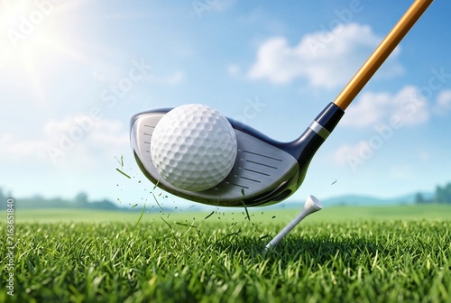 Golf club hitting a golf ball off a tee on a green grass course under sunny sky