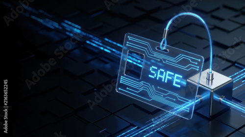 Secure identification card security concept with glowing digital padlock and circuit design symbolizing encrypted data protection