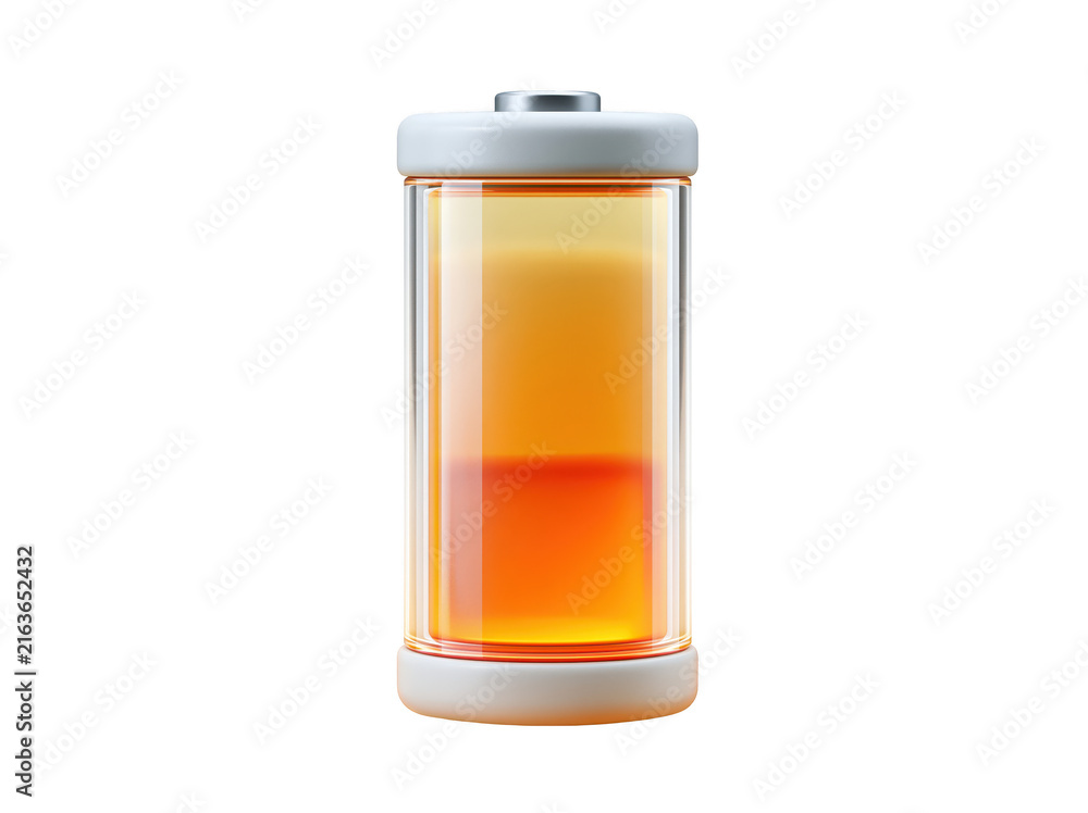 Obraz premium 3D render of a glass battery icon with orange liquid energy level isolated on white