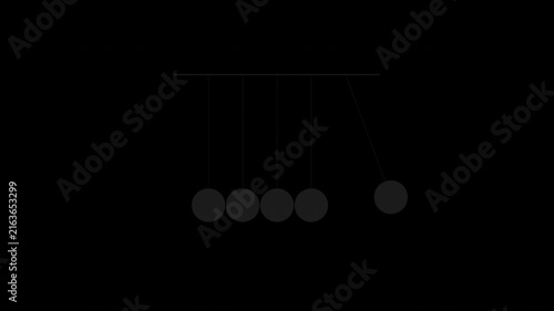 Black newton cradle swinging balls, physics momentum demonstration loop, transparent background