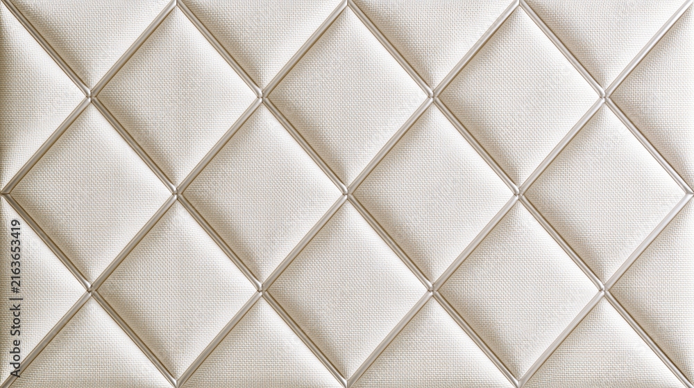 Naklejka premium And keywordsUpholstered architectural textile surface, white diamond pattern, padded geometric wall covering, elegant fabric texture for interior design and luxury decor