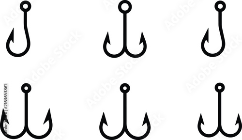 Foto Fishing Hook Vector Icon Set Including Single and Double Barbed Hooks for Angler