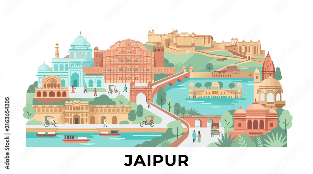 Obraz premium Colorful artistic portrayal of Jaipur showcasing historical architecture and vibrant cityscape with cultural landmarks and