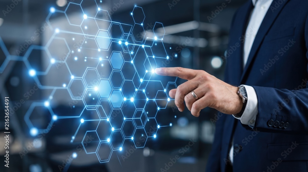 Fototapeta premium Businessman in suit interacting with futuristic holographic network interface for digital transformation
