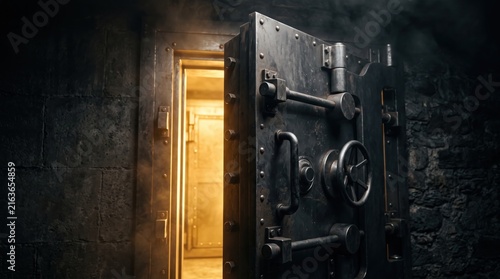 Heavy steel bank vault door standing open revealing glowing interior, secure safe storage room, financial security and protection against theft, dark dungeon atmosphere with light