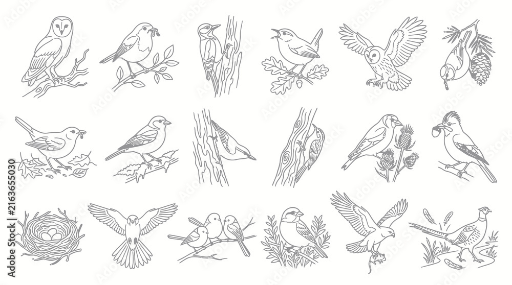 Fototapeta premium Black and White Line Art Birds Set, Outline Wild Animal Species, Nature, Wildlife and Ornithology Illustrations