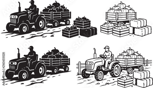 Vintage farm tractor vector set, farmer hauling pumpkin harvest in trailer, rustic autumn agriculture icons for fall festivals