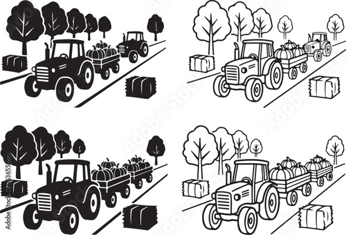 Farm tractor vector set, agricultural machinery hauling pumpkin harvest, black and white rural landscape icons with hay bales and trees