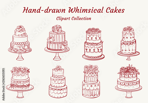 Vintage Hand Drawn Wedding Cake Clipart Collection - Whimsical Tiered Cakes with Floral Decorations and Elegant Pedestals for Celebration Invitations and Logo Design