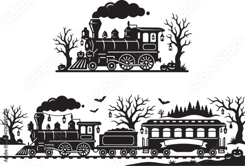 Vintage Halloween steam train silhouette, spooky locomotive with pumpkins and bats, gothic railway vector for holiday decor
