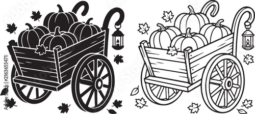 Rustic autumn pumpkin cart vector set, vintage wooden garden wagon with fall harvest pumpkins, black and white seasonal farm graphics