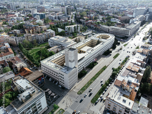 Aerial view of Novi Sad city center with Banovina government building in Serbia. g.