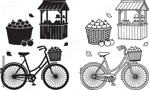 Vintage farm market vector icons, rustic apple harvest silhouette set, wooden fruit stall and bicycle with basket graphics