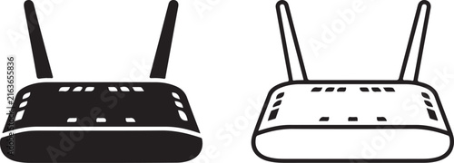 Minimalist wireless router icons, black silhouette and outline wifi modem vectors, network hardware symbols for web design