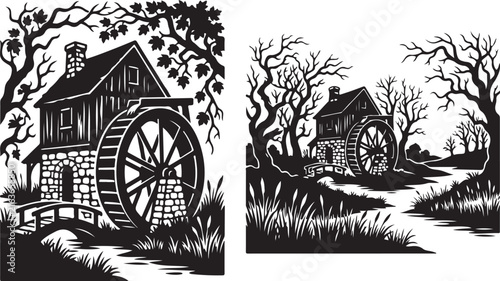 Vintage woodcut watermill illustrations, rustic old mill house with water wheel vector, black and white countryside landscape art