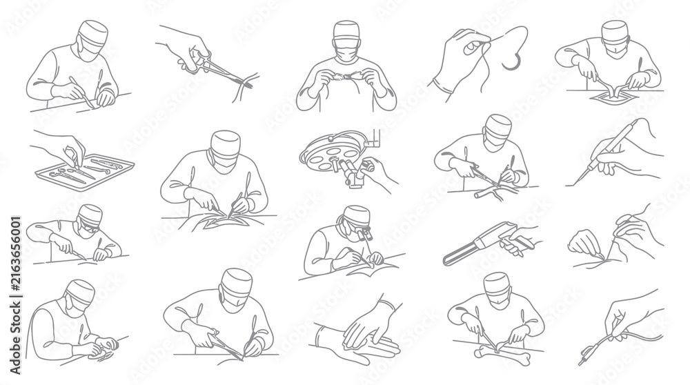 Fototapeta premium Medical Surgery Line Art Icons: Surgeon Operating, Instruments, Procedure Steps