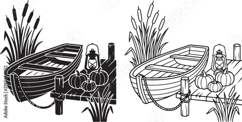 Vintage wooden rowboat at dock with pumpkins and lantern, rustic autumn lake scene vector, black and white fall harvest illustration