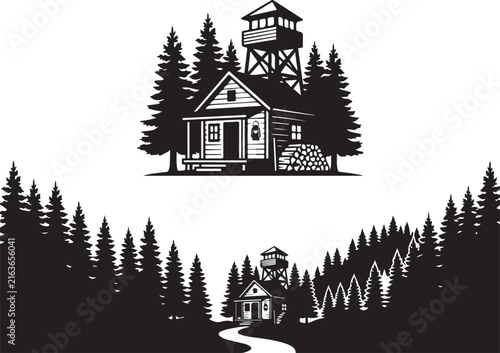 Vintage forest cabin and fire lookout tower vector, rustic mountain lodge silhouette, black and white pine tree wilderness landscape