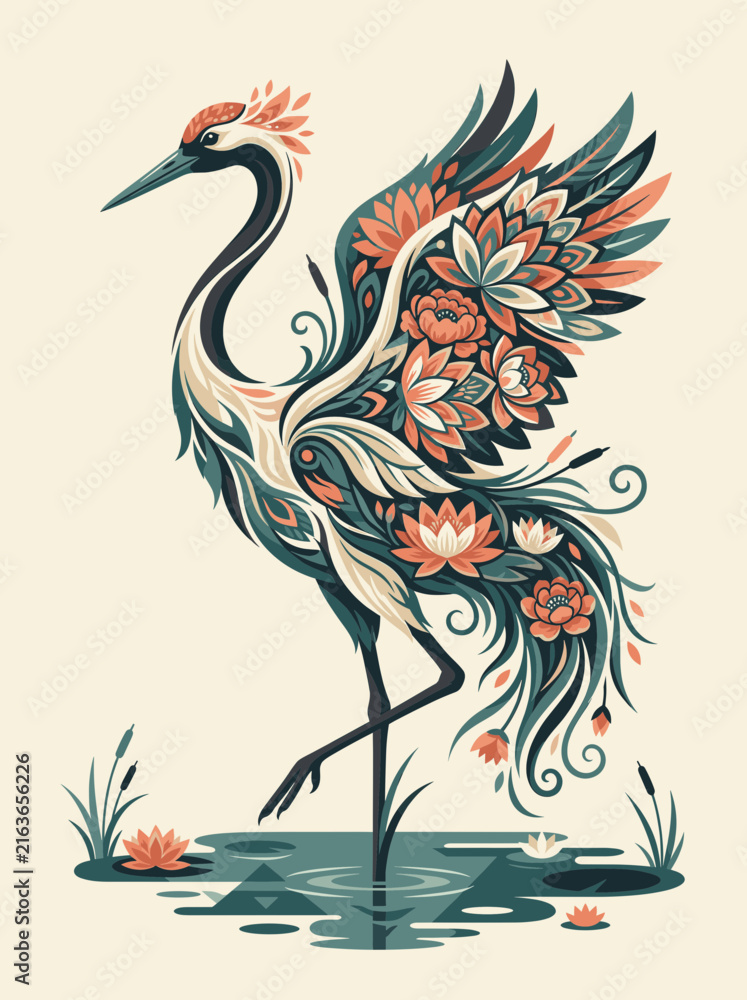 Naklejka premium japanese crane heron bird floral lotus pond oriental folk art wings spread standing water apparel streetwear tshirt design screen printing embroidery patch tattoo sticker graphic print artwork 