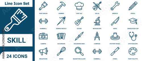 Set of twenty four outline icons representing various professional skills and creative hobbies for design projects