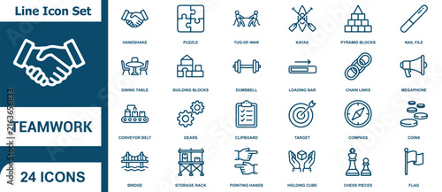 Collection of professional business and teamwork line icons for corporate projects and digital interface design