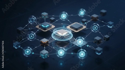 Abstract digital network of glowing interconnected futuristic processors and blockchain nodes, showcasing data flow in a complex technological system.