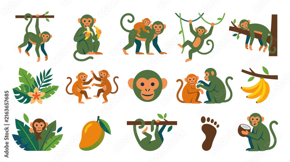 Obraz premium Flat Vector Illustration Set of Playful Monkeys, Bananas, Mango, and Tropical Jungle Elements