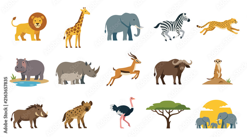 Obraz premium African Animals Safari Wildlife Flat Vector Illustration Set. Cartoon Mammals, Bird, and Tree Collection