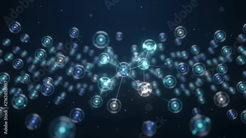 Abstract 3D digital rendering of a network of glowing particles and interconnected nodes, pulsing with futuristic energy against a dark blue background.