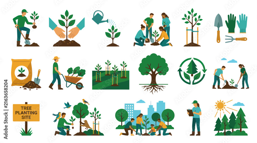 Fototapeta premium Modern Flat Vector Icons of Tree Planting, Gardening Environmental Protection Activities