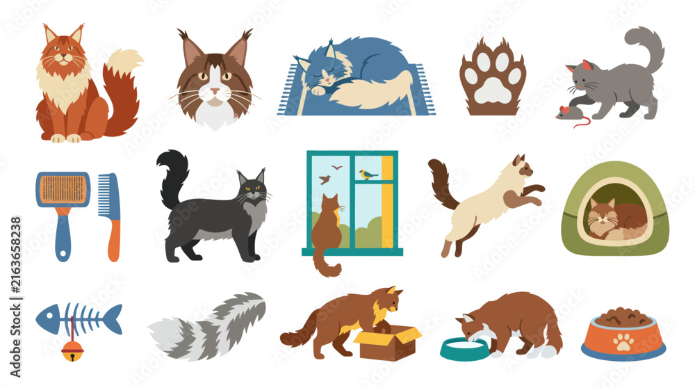 Obraz premium Cute Cat Flat Design Icons Set - Pet Care and Animals