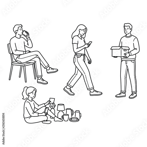 People in casual attire engaged in various activities against a white backdrop