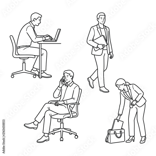 Business people in office settings with various professional activities and tasks