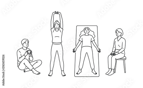 Diverse people in simple line art performing relaxation and mindfulness activities indoors