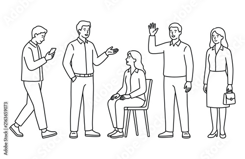 Diverse people in casual conversation and activity during a clean white background setting