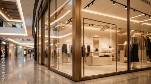 Modern clothing store storefront in a luxury shopping mall interior