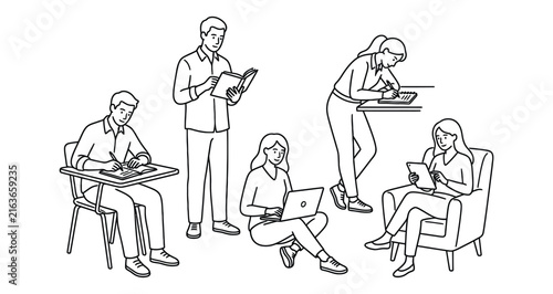 Diverse individuals engaged in learning and work activities with digital devices and books