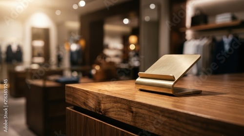 Modern brass phone stand on a wooden counter in clothing store