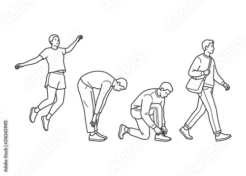 Man's daily activities sequence in clean line drawing style against white