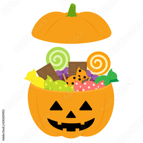 ハロウィンのお菓子が詰まったジャックオーランタンのかわいいイラスト
