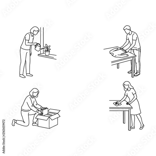 People performing household chores with clean lines and simple illustration style on white background