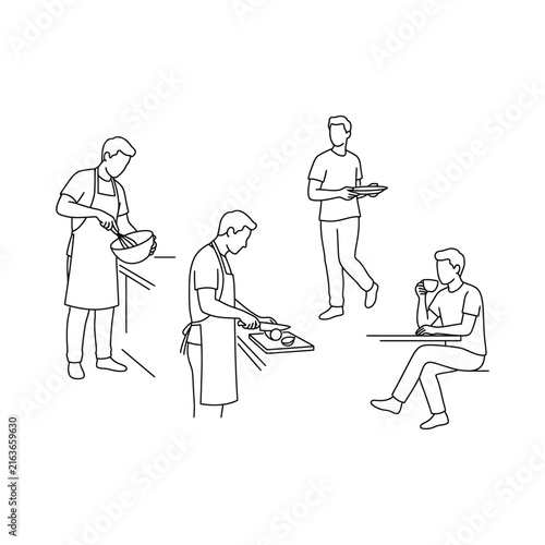 Men preparing food and enjoying beverages in a kitchen setting with clean lines