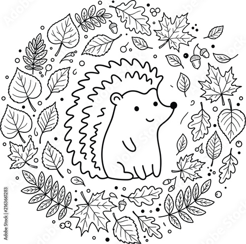 Cute hedgehog surrounded by autumn leaves vector illustration featuring seasonal forest animal and botanical circular line art design element