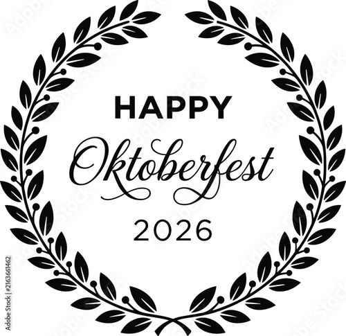  Happy Oktoberfest 2026 vector wreath design featuring laurel branch circular frame and cursive typography