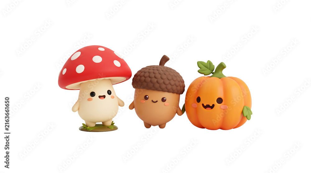 Naklejka premium Cute Kawaii Autumn Characters Mushroom Acorn Pumpkin Isolated on Transparent Background 