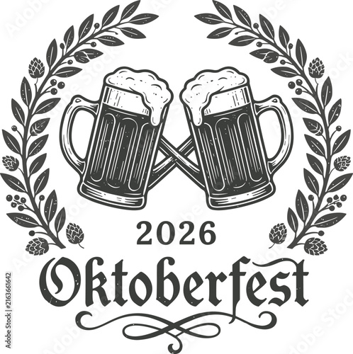  Oktoberfest 2026 vector emblem featuring clinking beer mugs laurel wreath and vintage typography