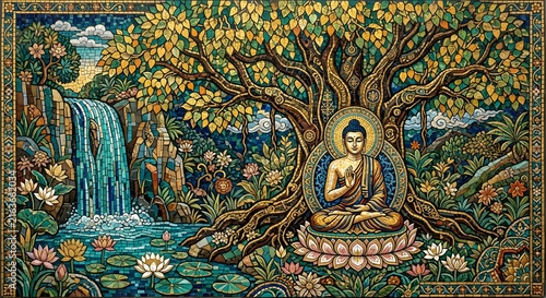 Buddha statue meditating under sacred tree with goddess figure in ornate golden temple mural