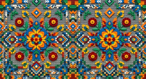 Vibrant geometric Moroccan tile pattern with floral motifs in blue, green, and orange colors